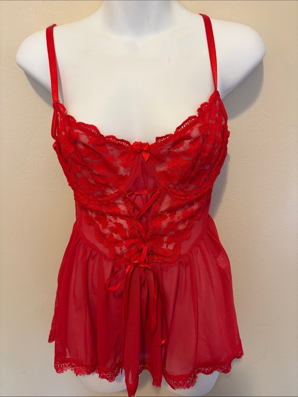 Red Lace Babydoll Chemise with Sheer Skirt